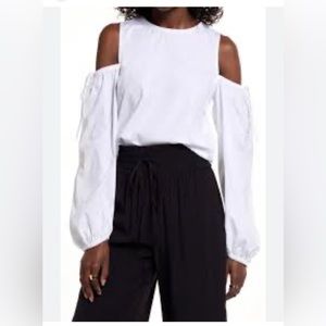 Open Edit Nordstrom Cold Shoulder Cotton Poplin Shirt Long Sleeve White M